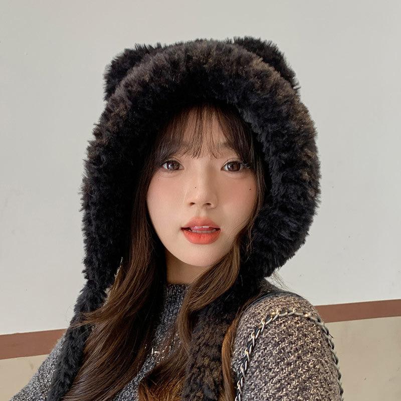 

Милая зимняя шапка с медвежьими ушками, шерстяная защитная шапка-ведро, плюшевая, морозостойкая, для женщин чёрный