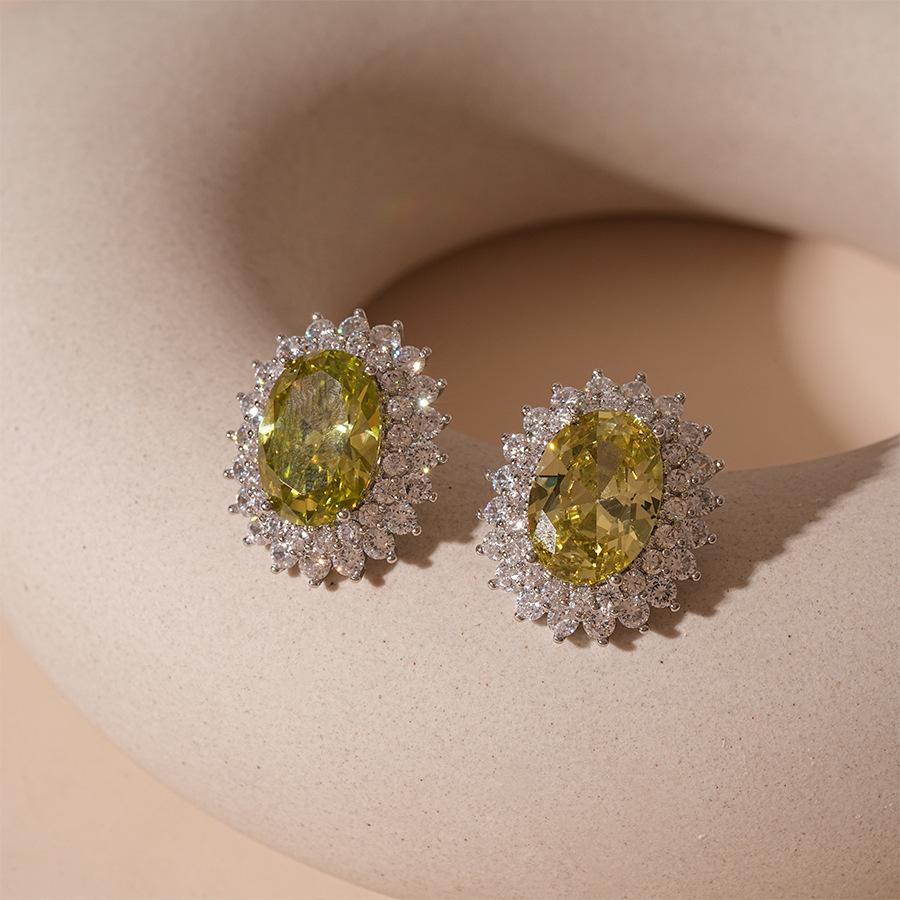 Small zircon oval geometric silver needle stud earrings French temperament earrings