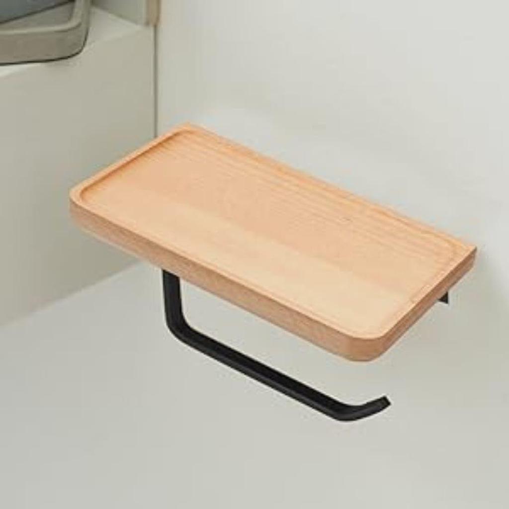 Heavy Duty and Premium Toilet Paper Holder with Shelf Black,Wooden Wall Mount Tissue Paper Roll Holder with Screw - Bathroom Accessories
