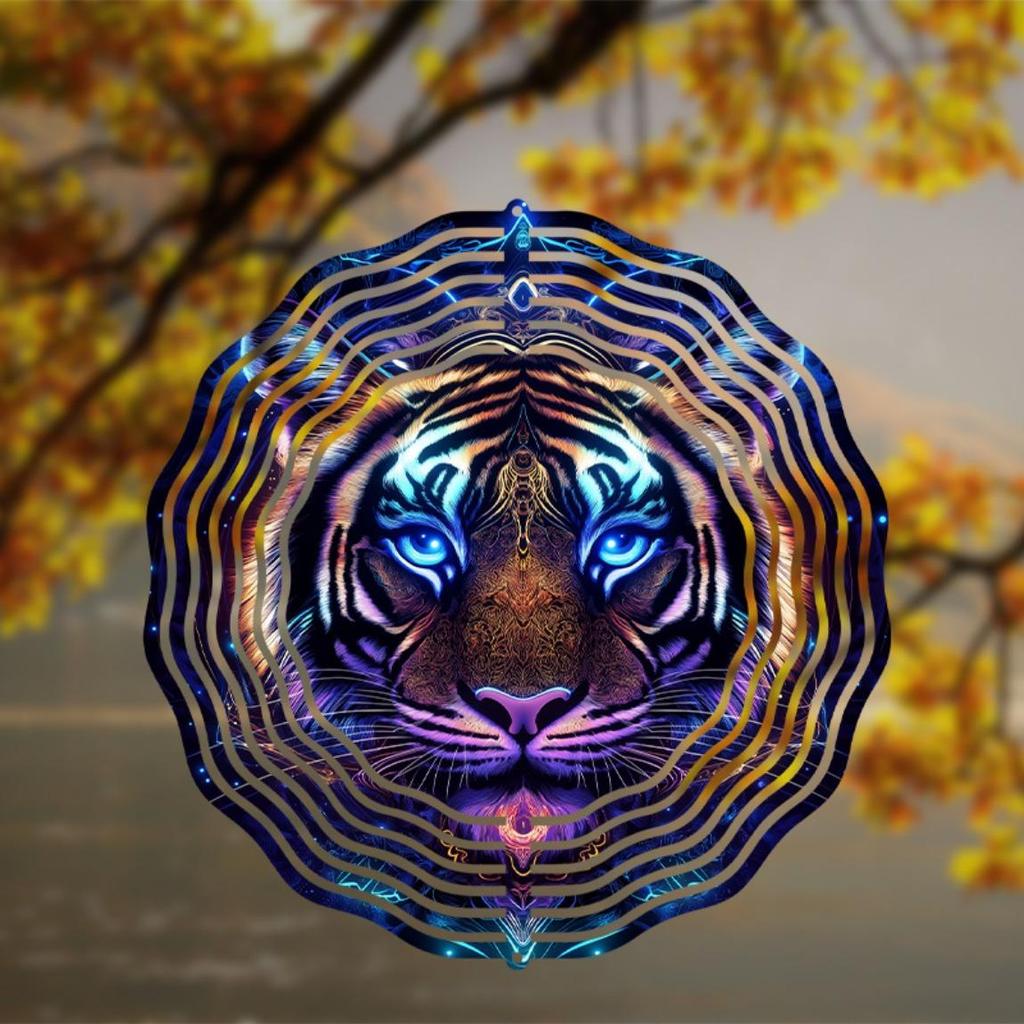10 Inch Tiger Wind Spinner Outdoor Garden Decor with 360 Degree Rotating Hook Vibrant Blue Purple Design for Patio Lawn Yard Gift