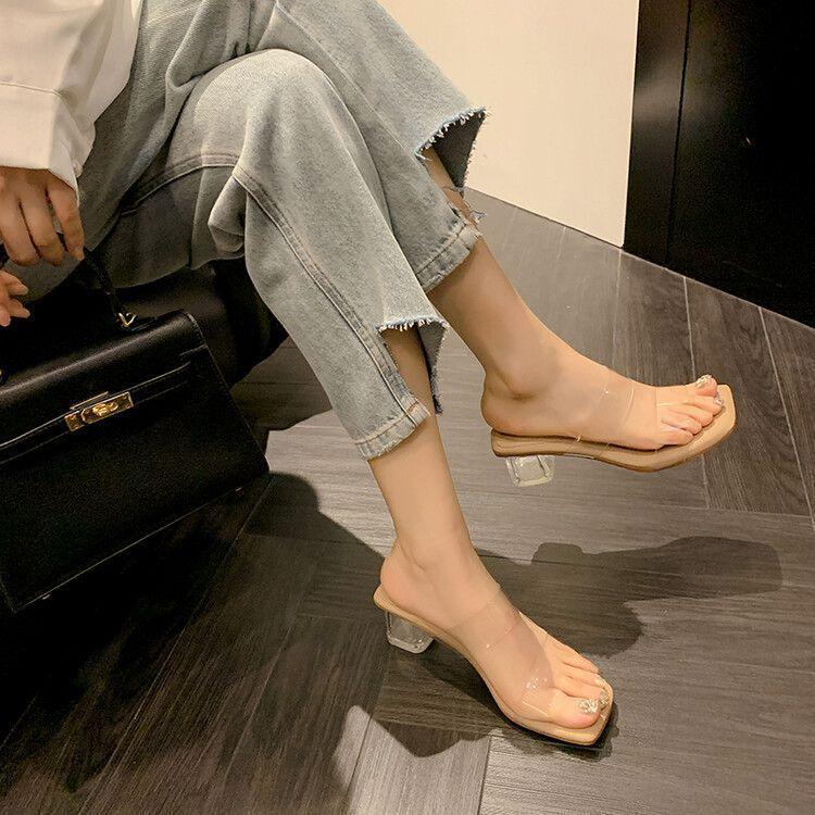 Thick Heel Crystal Heel Fashion Sandals 2025 Summer New Internet Celebrity Word with Transparent Thick Heel Cool Slippers Women's Wear