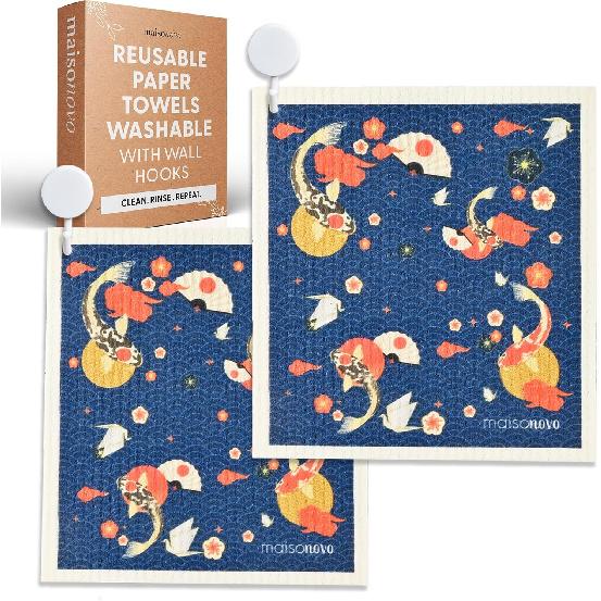 MaisoNovo Swedish Dishcloths- Reble Paper Towels - Swedish Dishcloths for Kitchen Abstract Pack of 4 - Reble Paper Towels Washable Kitchen Cleaning Kyoto X 2 (Fish)