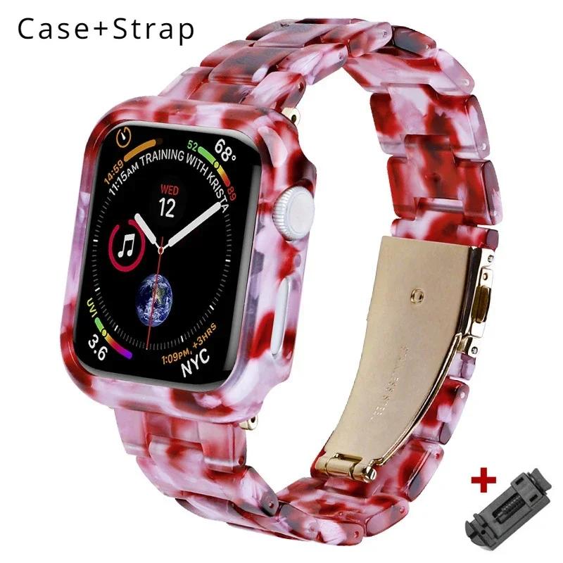 Etui+Pasek z Żywicy do Apple Watch Series 9 41mm 45mm Pasek 38 40mm Pokrowiec Damska Bransoletka do iWatch 8 7 6 SE 5 4 42 mm 44mm Correa