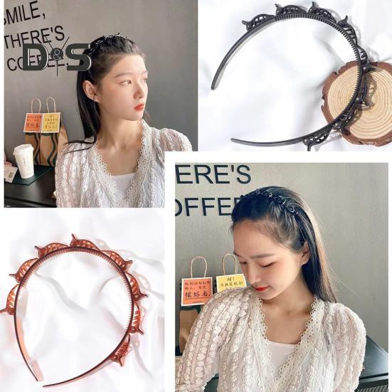 2Pcs Women Headband with Clips Double Layer Design Anti-slip Hairband Bang Braided Hair Hoop Hair Accessories
