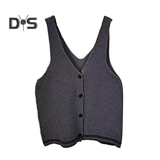Women Sling Vest Slim Fit V-Neck Sleeveless Top with Striped Pattern Single Breasted Knitted Sweater Daily Wear