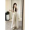 Korean Lazy Style Crew Neck Front Shoulder Short Sleeve Shirt Top High Waist Wide Leg Casual Pants Two-piece Set