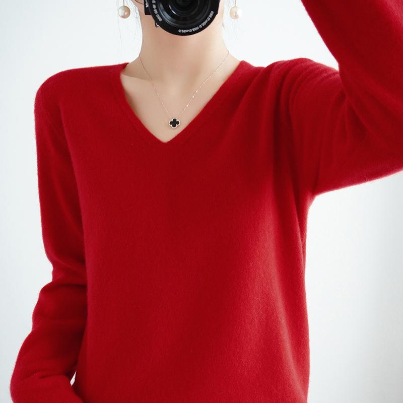 

Весенне-осенний свитер с V-образным вырезом женский пуловер облегающего кроя однотонный с длинным рукавом базовый слой вязаный укороченный топ S красный