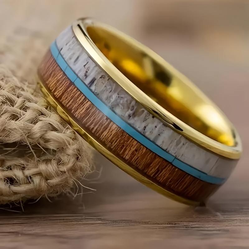Fashion 8MM Gold Color Men Stainless Steel Rings For Men Women Domed Koa Wood Inlay Rings Wedding Engagement Jewelry Gift