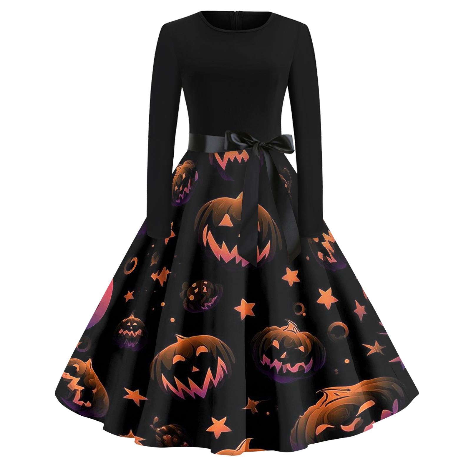 

Женское повседневное модное платье винтажного стиля с круглым вырезом и принтом на Хэллоуин L