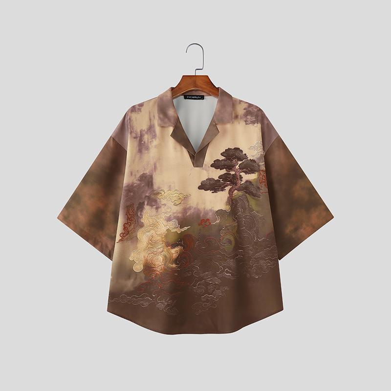 

INCERUN Summer Men Lapel Neck Short Sleeve Buttons Up Print Casual Shirts 5XL коричневый
