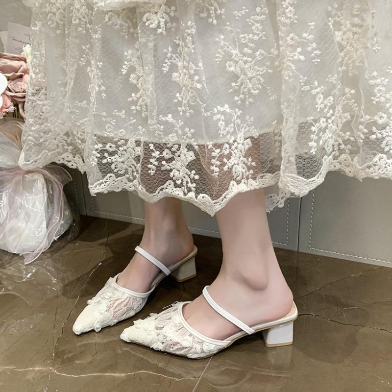 Plus Size Women's New Mesh Slip-on Wrapped-Head Sandals Two-Wear Pointed Toe Thick High-Heeled Slippers