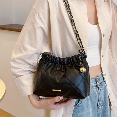 Fashion Pleated Design Plaid PU Crossbody Bags For Women Casual Chain Strap Bucket Shoulder Bag For Commuting & Gift