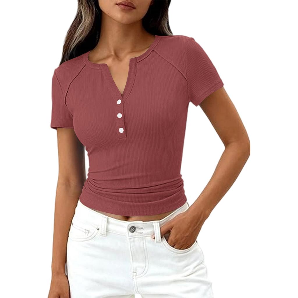 Women's Fashion Casual Color New Short-Sleeved Decorative Button V-Neck T-Shirt Top