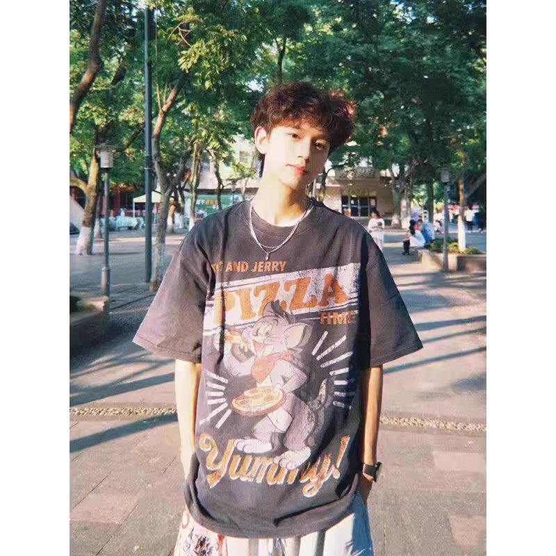 Men s Retro Distressed Cat and Mouse Print Loose Fit T-Shirt M чёрный