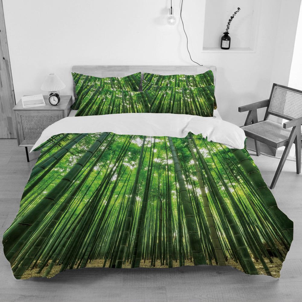 Bambus Dynetrekksett Grønn Natur Plante King Size Polyester Dynetrekk med Putetrekk for Barn Gutter Jenter Sengetøysett