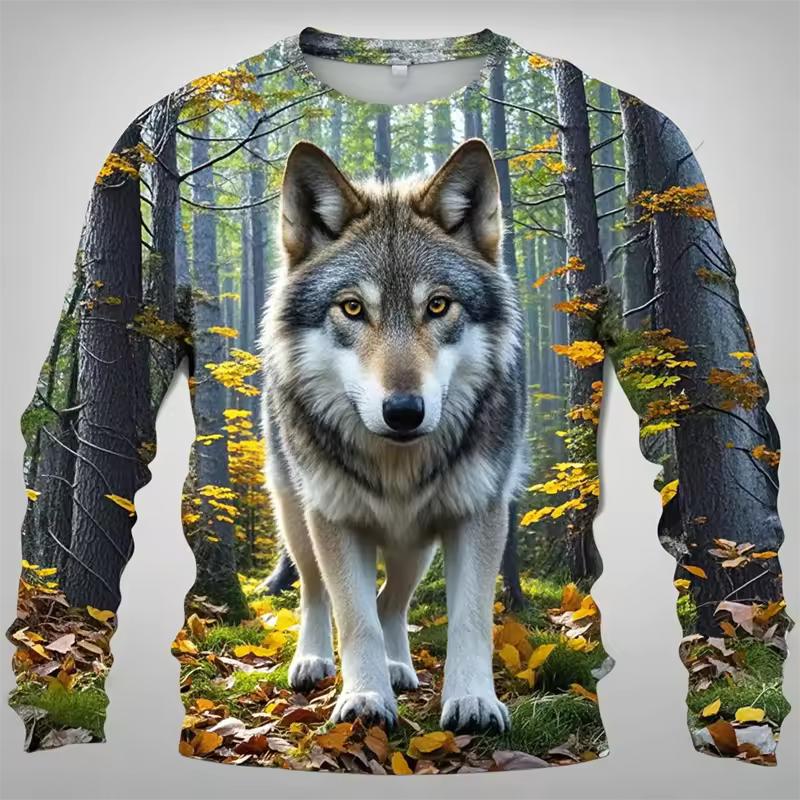 Fashion Wolf Graphic T Shirts Harajuku Animal 3D Printed Long Sleeve T Shirt For Men Clothes Spring And Autumn Unisex Streetwear