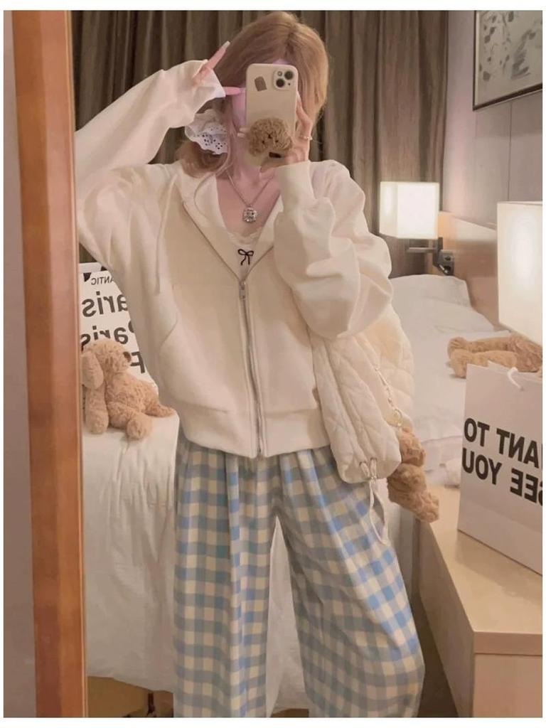 Petite Women's High-Waist Plaid Wide-Leg Pants in Blue - Summer Collection