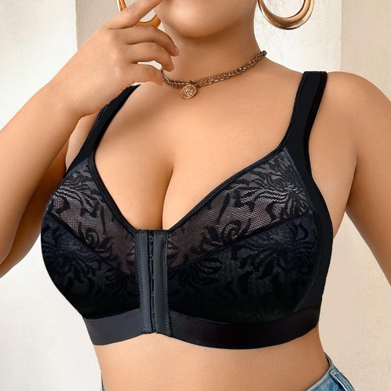 Women Plus Size Front Buckle Embroidered Bra For Large Bust Side Collecting Underwear