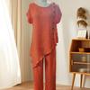 Women's Summer Casual 2 Piece Sets, Buttons Short Sleeve Top And Wide Leg Pants Matching Sets, Asymmetrical Hem Vacation Lounge Outfits