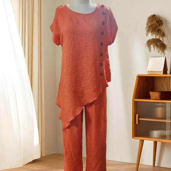 Women's Summer Casual 2 Piece Sets, Buttons Short Sleeve Top And Wide Leg Pants Matching Sets, Asymmetrical Hem Vacation Lounge Outfits