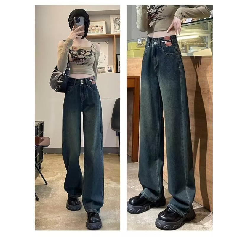 

Женские винтажные джинсы микро-клеш на пуговицах с высокой посадкой - Синие драпированные джинсы прямого кроя для миниатюрных XS