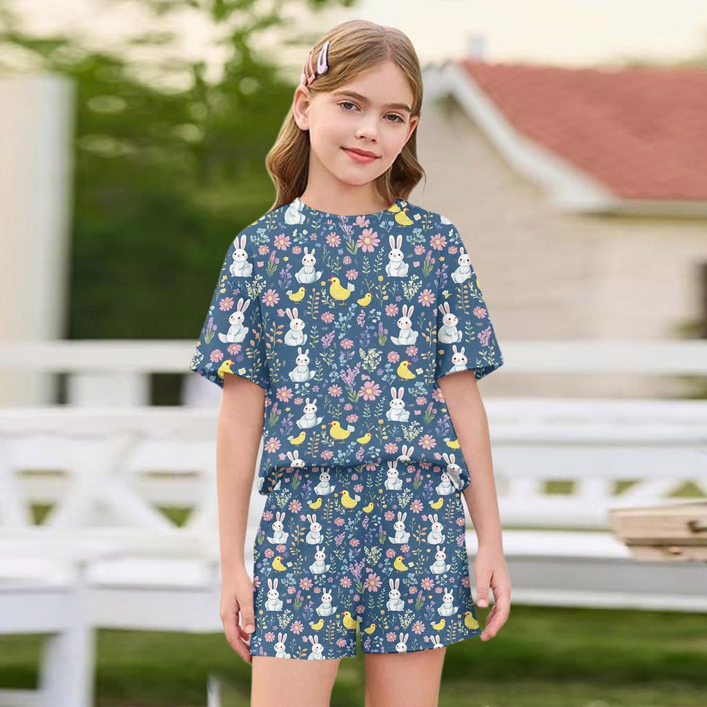 Kid Patriotic Outfit - Short Sleeve & Shorts 2-Piece Set For Girl Easter Day