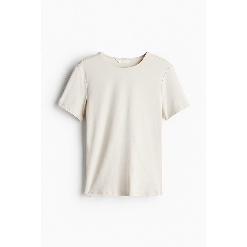 

HM Women s T-shirt Autumn Stretch Silm round Neck Short Sleeve Plaid Breathable Bottoming Shirt 1258606 Light Beige 170/116