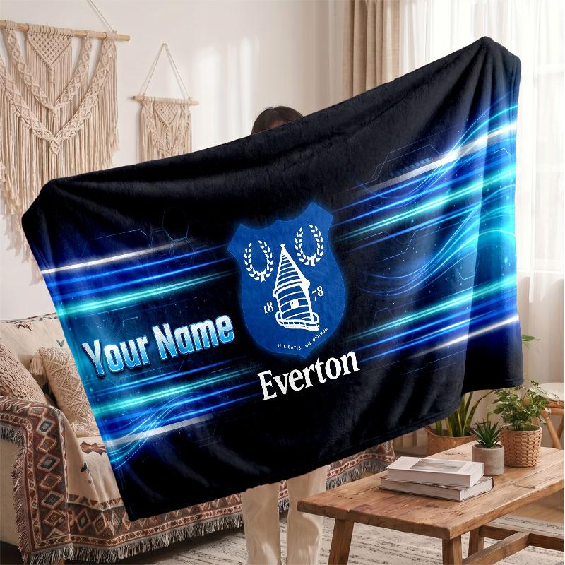 Everton FC Personalized Fleece Blanket With Football Logo, Custom Name Text Soft Warm Home Throw Blanket