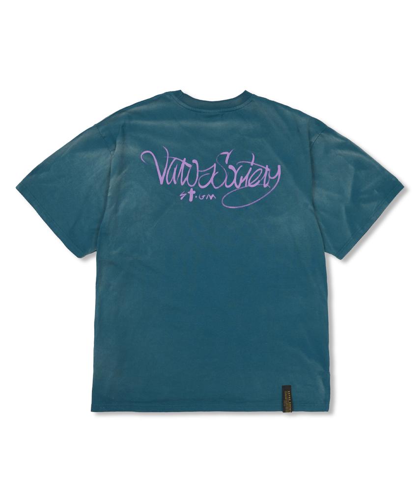 STIGMA Crayon Flower Vintage-Like Washed Oversized Short Sleeves T-Shirts Blue