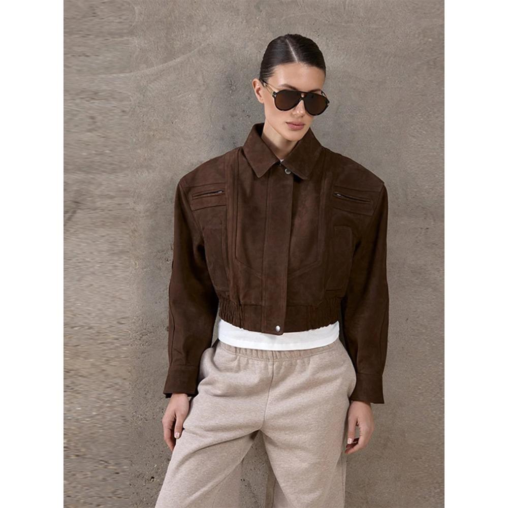 Women Faux Suede Cropped Jacket Lapel Zip Pocket Elastic Hem Loose Cargo Bomber Coat