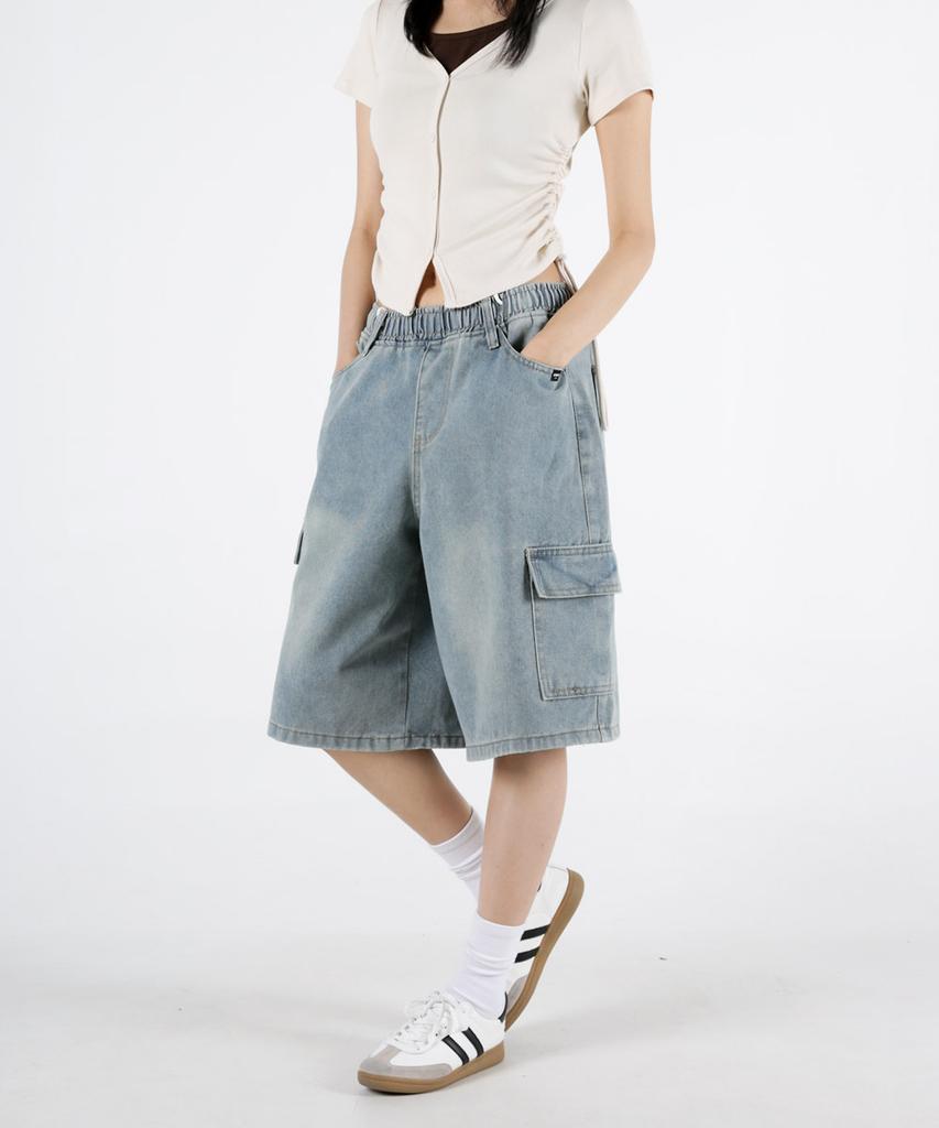 UMM Women'S Elastic Waist Bermuda Cargo Cool Denim Shorts 2 Colors