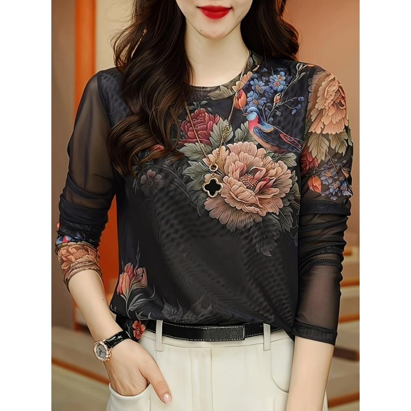 Women's Elegant Floral Print Crew Neck Long Sleeve T-Shirt - Semi-Sheer High Elasticity Top with Peony & Bird DesignSpring/Fall Casual Blouse
