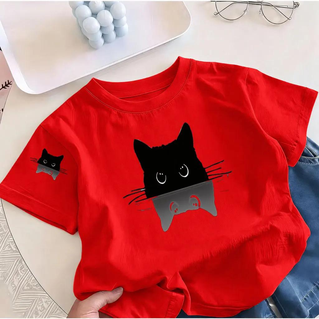 Boys Girls Casual Short Sleeve Tee Kids Cute Black Cat Reflection Graphic Print T Shirt Cartoon Animal Children Summer Daily Top