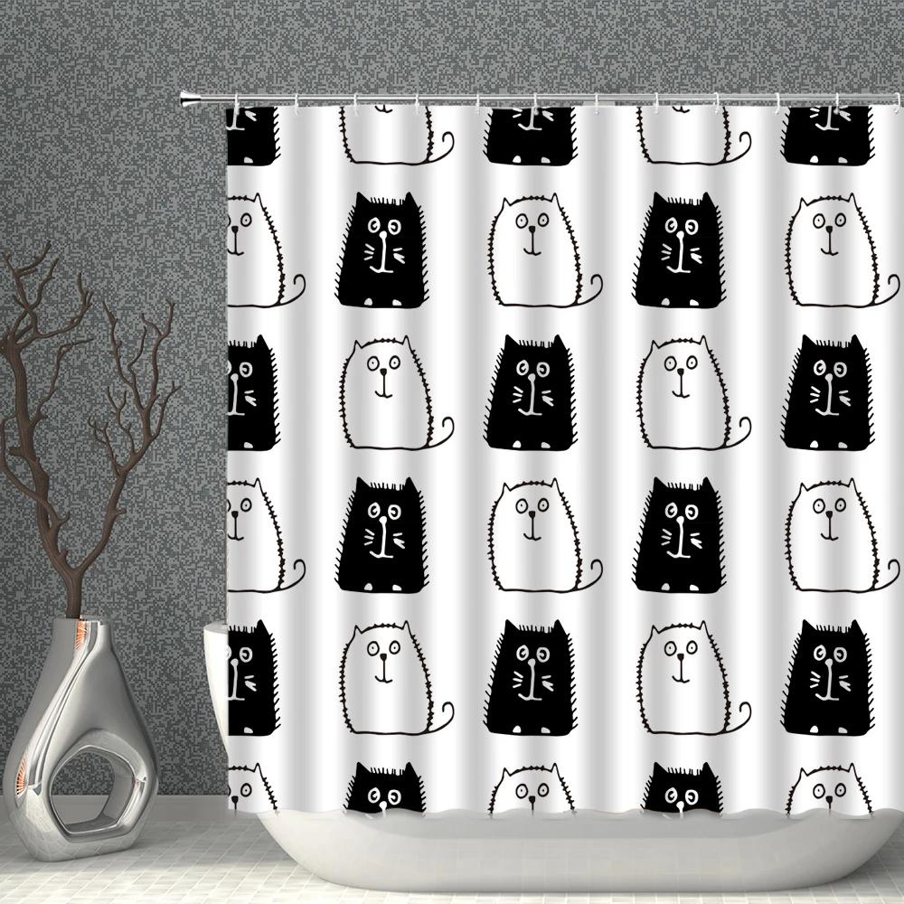 Cartoon Cat White Shower Curtain Waterproof Pattern Print Polyester Bath Curtains Multi-Size With Hooks Bathroom Screen Decor