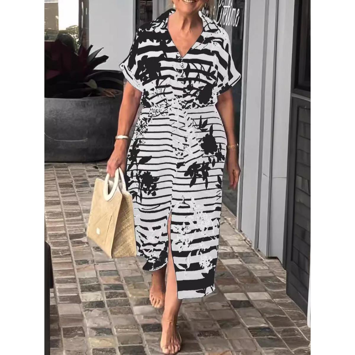 

Женское летнее длинное повседневное платье с V-образным вырезом, поясом и разрезом по подолу, с короткими рукавами и растительным принтом S белый