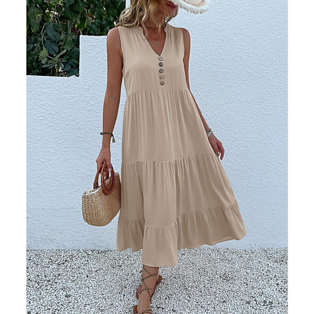 Women Solid Printed Sleeveless V Neck Casual Dress Spring Summer Fashion Daily Wear