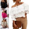 Women's Off Shoulder 3/4 Sleeve Chiffon Blouse Loose Fit Solid Layered Ruffle Drawstring Casual Top