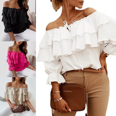 Women's Off Shoulder 3/4 Sleeve Chiffon Blouse Loose Fit Solid Layered Ruffle Drawstring Casual Top
