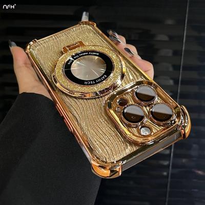 For iPhone 16 Pro Max Luxury Plating Frame Flash Glitter Stand Holder Phone Case For iPhone 13 14 15 Plus Lens Protective Cover