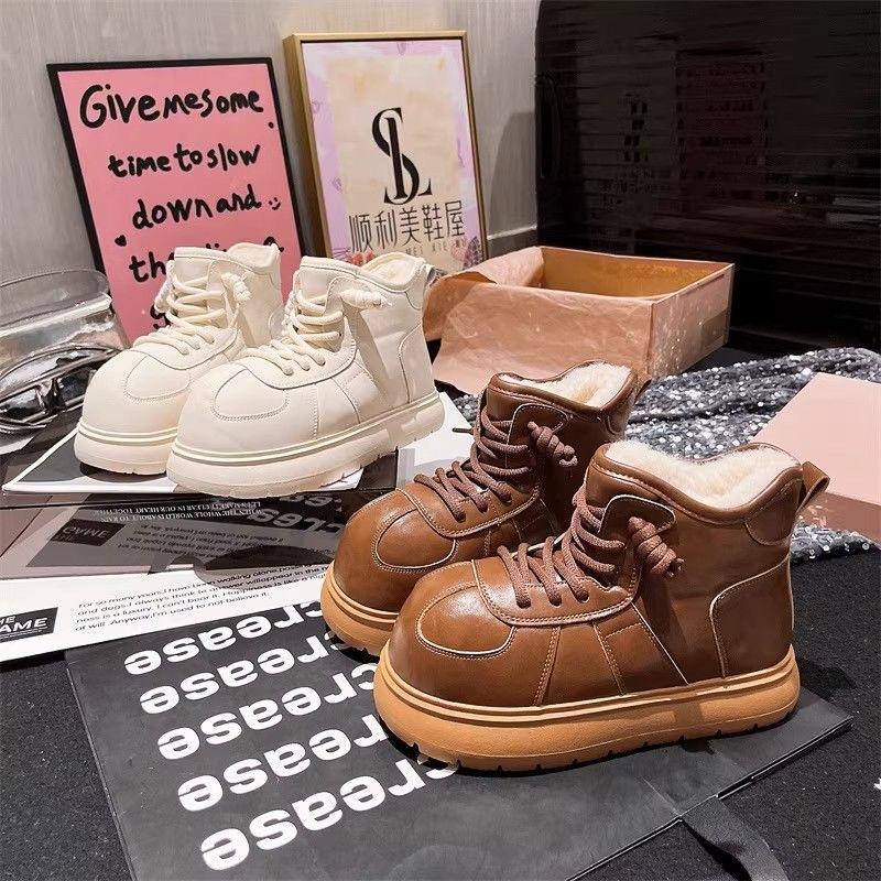 Thick-soled big-head matte snow boots autumn and winter lace-up casual versatile non-slip warm cotton shoes women's velvet