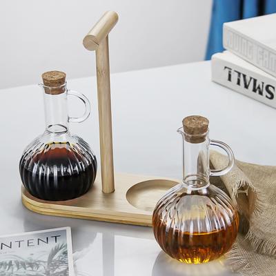 Household 300ml Heat-resistant Glass Oil Pot with Wooden Stand, Liquid Seasoning Bottle, Striped Sauce and Vinegar Oil Pot