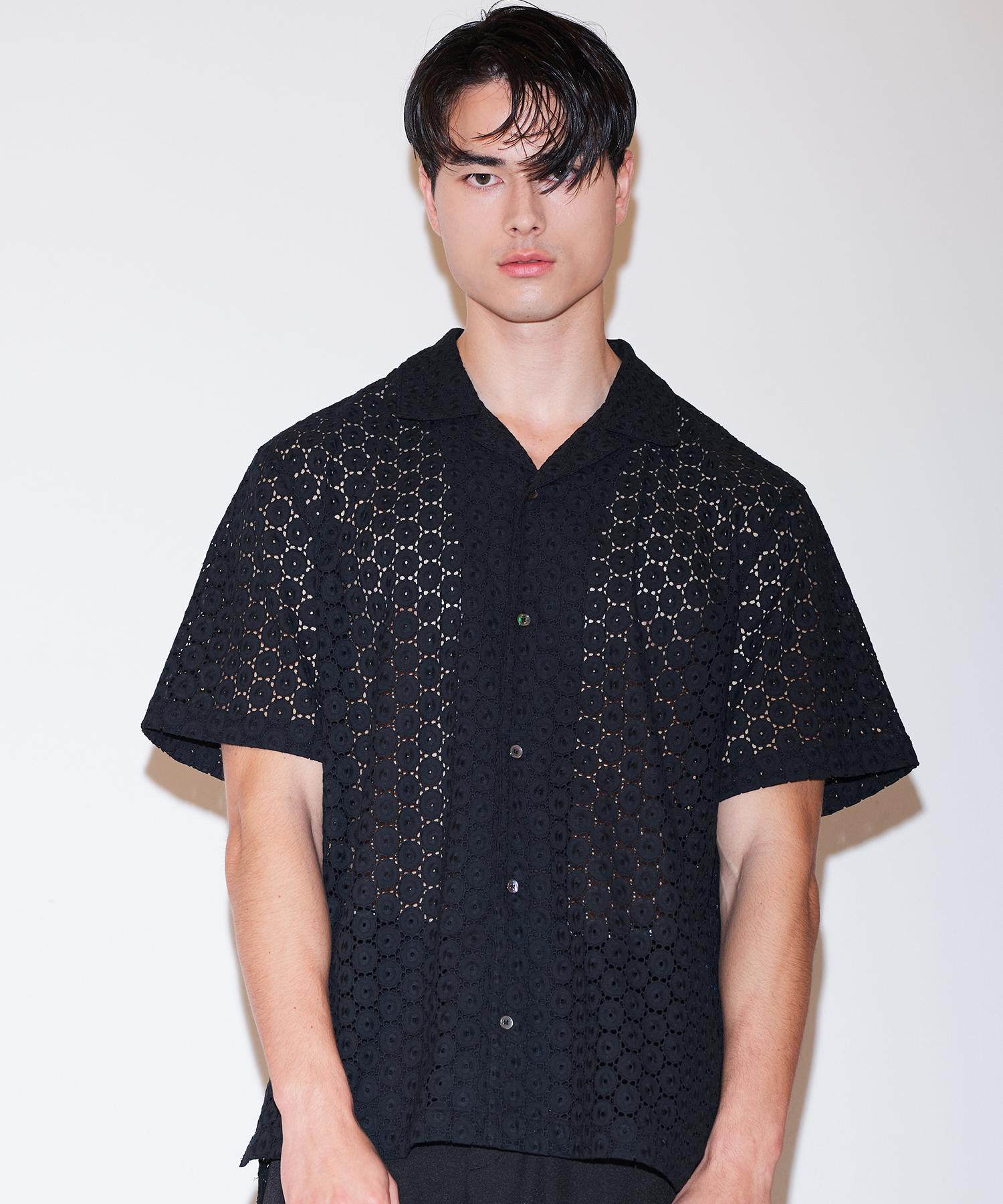 Pinned Look Multi Hole Lace Open Collar Shirts(Black) Black/L