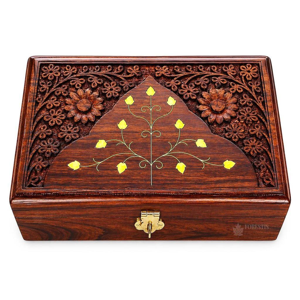 Wooden Box | Jewellery Box| Decorative Case| Kit| Vanity| Organiser For Women, Necklaces, cash, gold (8X5 Inches, Crown Natural)