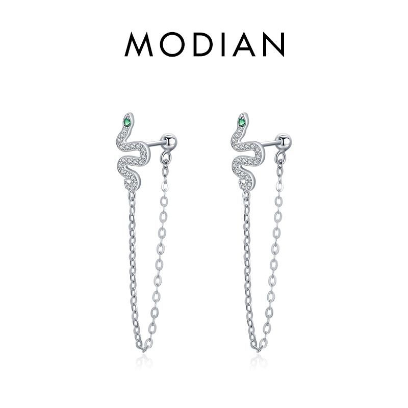 MODIAN Fashion Black Color Snake Stud Earrings 925 Sterling Silver Long Tassel Charm Earrings For Women Hypoallergenic Jewelry
