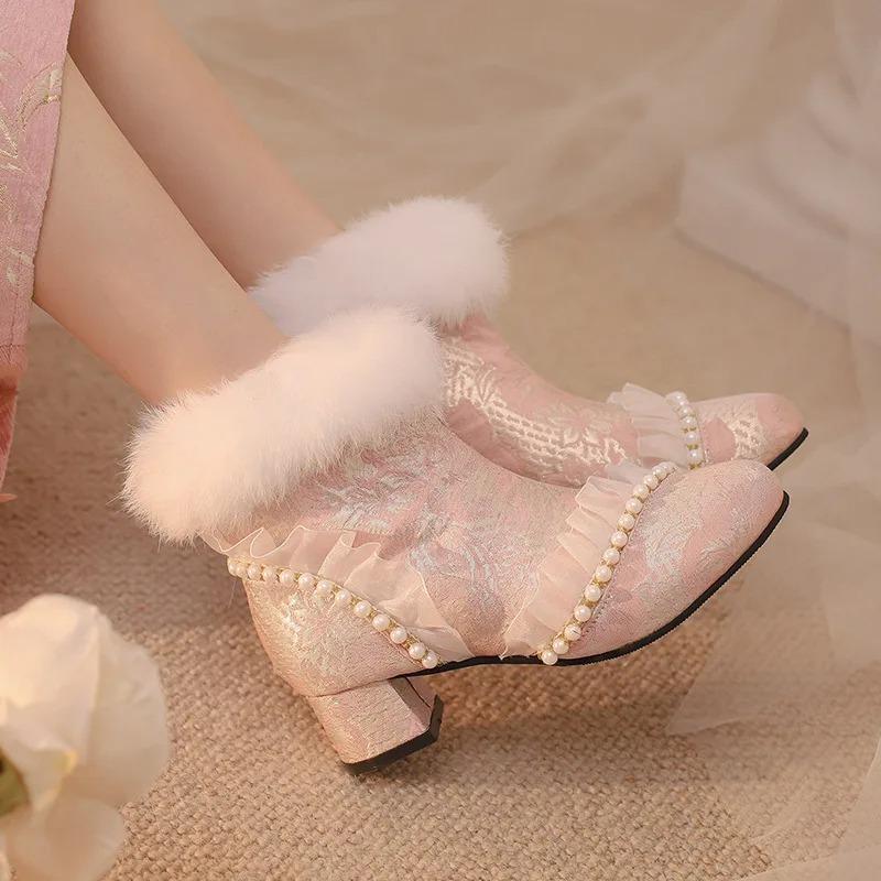 Fashion 2025 Autumn Winter New Elegant Beaded Rabbit Hair Women's Ankle Booties Lace Lady Boots Printed Cheongsam Hanfu Femme Dress Shoe