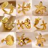 Boho Personality Gold Color Stainless Steel Inlay Zircon Pearls Starfish Shells Opening Rings for Women Beach Vacation Jewelry