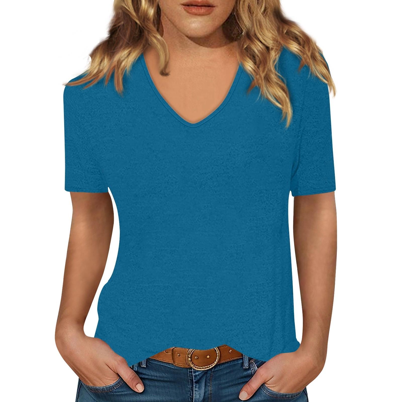 

Женская футболка с короткими рукавами, однотонный топ с v-образным вырезом L тёмно-синий