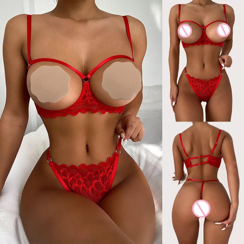 Women's Sexy Solid Color Leakage Lace Bra See-Through Underwear Split Set