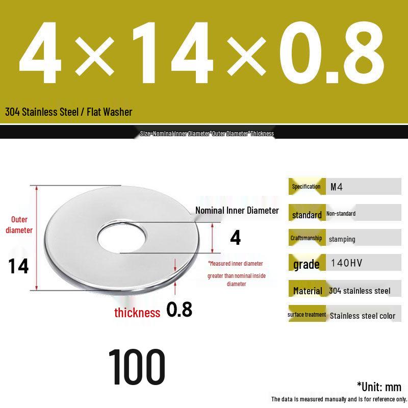 304 Stainless Steel Thickened Flat Washer Set, Sizes 2-36