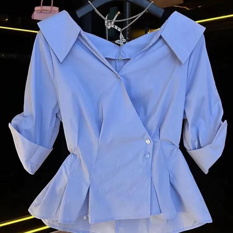 

2024 Summer Women s Leisure Fashion Elegant Commuting V-neck Button Solid Color Pleated Slim Fit Waist Tight High end Top Shirt XXXL білий
